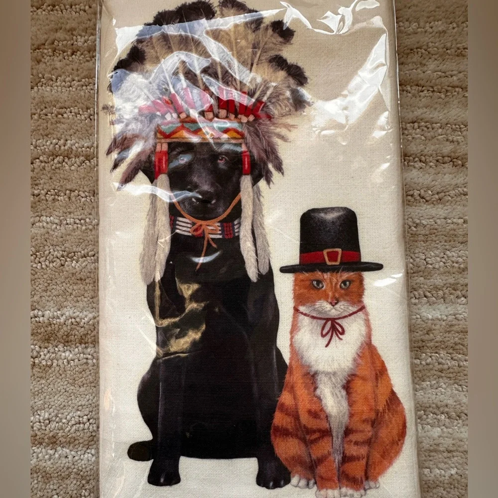 Mary Lake-Thompson Ltd. Indian Dog and Pilgrim Cat Flour Sack Dish Towel